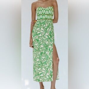 Zara Strapless Midi Dress Ecru Green Leaf Womens XS Slit Tropical Vacation